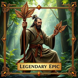 A mesmerizing trading card design featuring a Forest Monk wielding a beautifully crafted wooden leafy staff, symbolizing harmony with nature
