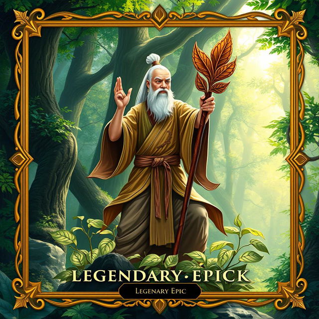 A mesmerizing trading card design featuring a Forest Monk wielding a beautifully crafted wooden leafy staff, symbolizing harmony with nature