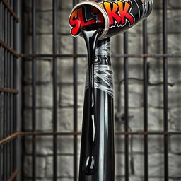A close-up shot of a huge black baseball bat wrapped in clear plastic