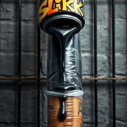 A close-up shot of a huge black baseball bat wrapped in clear plastic