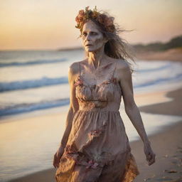 Ultra detailed 36k resolution professional photo of a decaying zombie woman in a tattered, dirty old sundress, billowing in the wind, with a beautiful flower headpiece. She's standing at the beach shoreline, full side profile, staring calmly away at a brilliant sunset. Double exposure technique used.