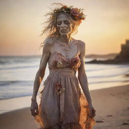 Ultra detailed 36k resolution professional photo of a decaying zombie woman in a tattered, dirty old sundress, billowing in the wind, with a beautiful flower headpiece. She's standing at the beach shoreline, full side profile, staring calmly away at a brilliant sunset. Double exposure technique used.