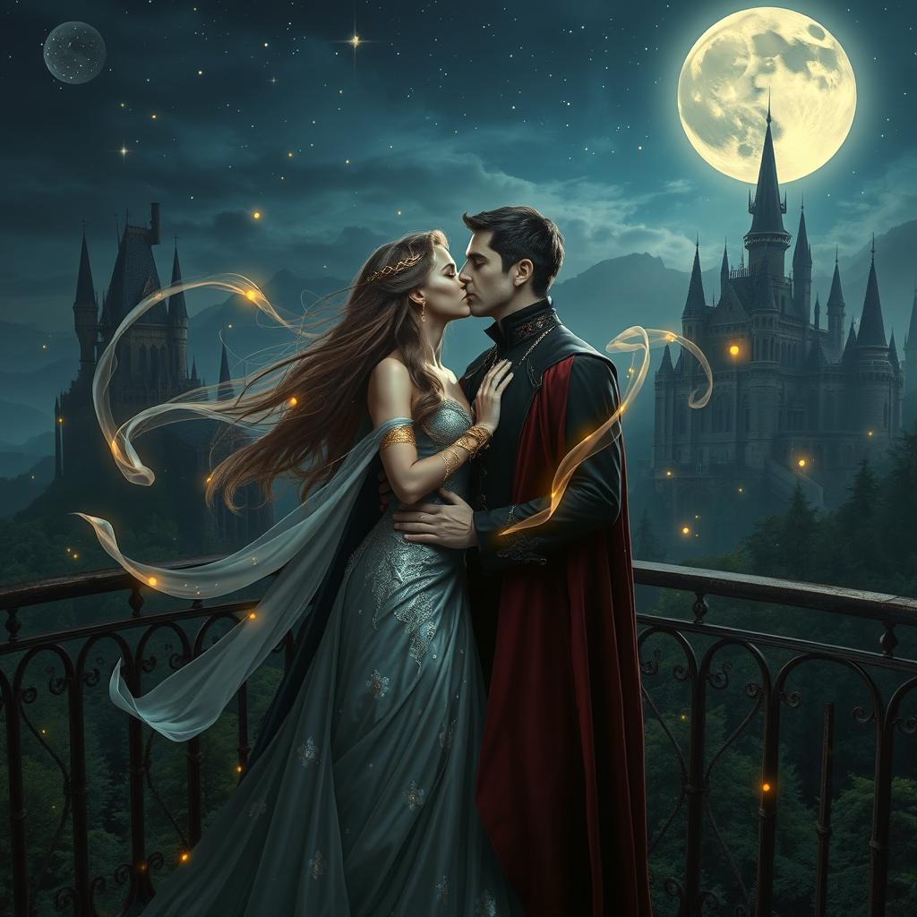 A captivating scene of a sorceress and a vampire king in a romantic moment under a starlit sky on a balcony overlooking a vast, enchanted landscape