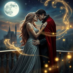 A captivating scene of a sorceress and a vampire king in a romantic moment under a starlit sky on a balcony overlooking a vast, enchanted landscape