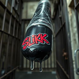 A close-up view of a massive black baseball bat wrapped in clear plastic, with glistening clear lubricant oozing from a large black container featuring a vibrant "SLiKK" graffiti logo