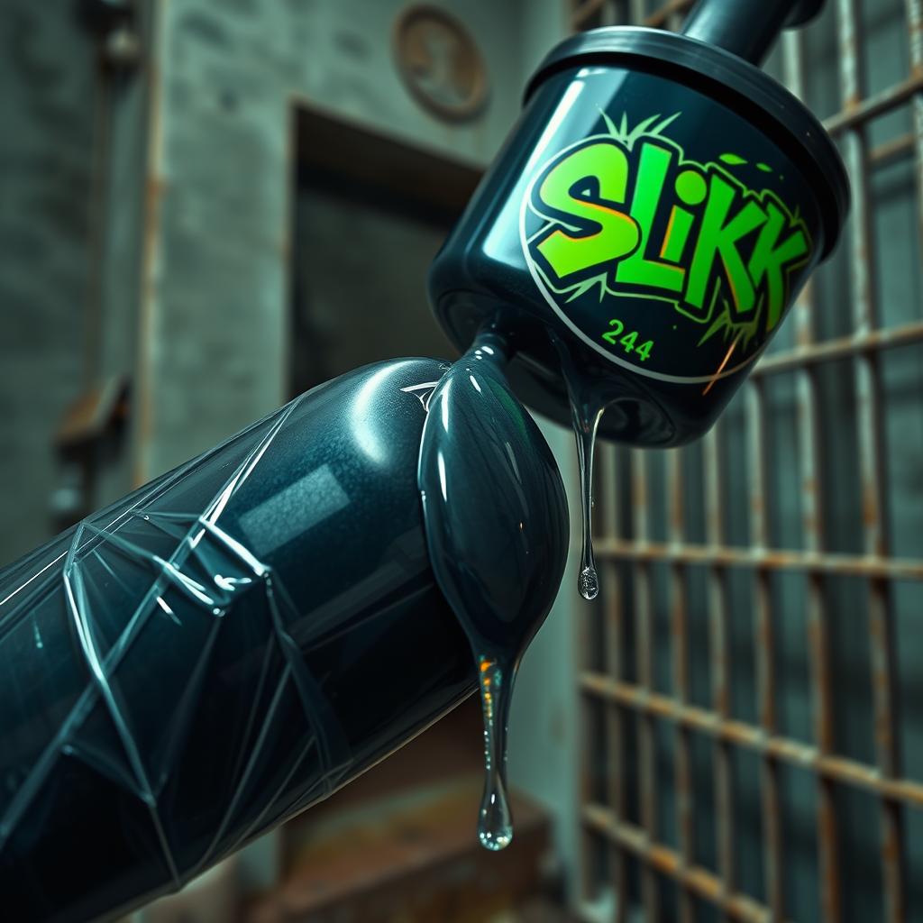 A close-up view of a massive black baseball bat wrapped in clear plastic, with glistening clear lubricant oozing from a large black container featuring a vibrant "SLiKK" graffiti logo