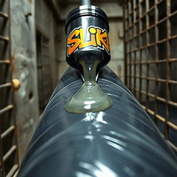 A close-up view of a massive black baseball bat wrapped in clear plastic, with glistening clear lubricant oozing from a large black container featuring a vibrant "SLiKK" graffiti logo