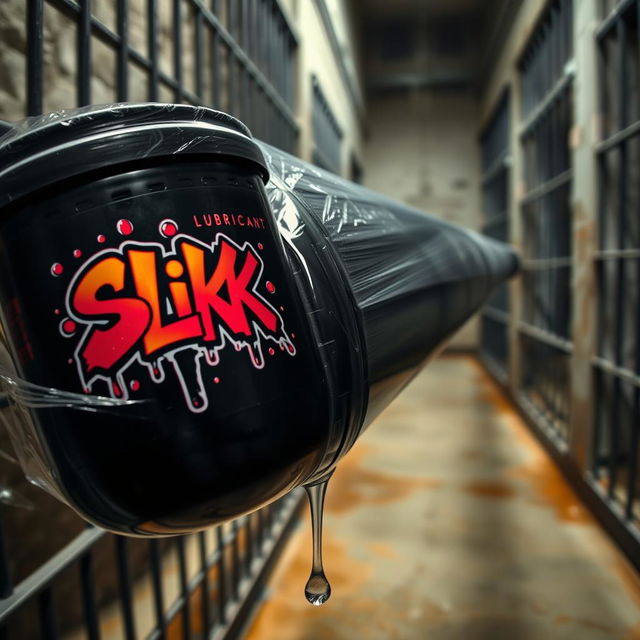 A close-up view of a massive black baseball bat wrapped in clear plastic, with glistening clear lubricant oozing from a large black container featuring a vibrant "SLiKK" graffiti logo