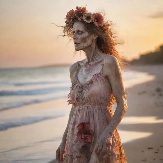 Ultra detailed 36k resolution professional photo of a decaying zombie woman in a tattered, dirty old sundress, billowing in the wind, with a beautiful flower headpiece. She's standing at the beach shoreline, full side profile, staring calmly away at a brilliant sunset. Double exposure technique used.