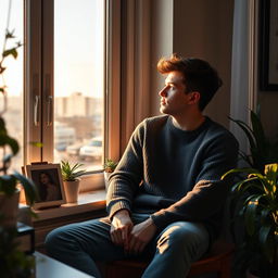 A young man with a contemplative expression sitting by a window, gazing out into the distance, lost in thought about his girlfriend who is far away