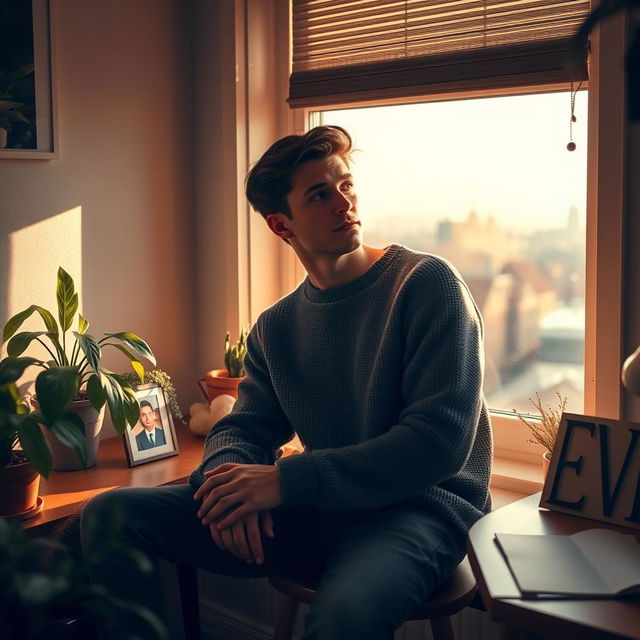 A young man with a contemplative expression sitting by a window, gazing out into the distance, lost in thought about his girlfriend who is far away