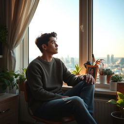 A young man with a contemplative expression sitting by a window, gazing out into the distance, lost in thought about his girlfriend who is far away