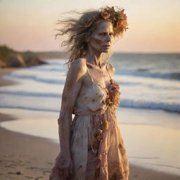 Ultra detailed 36k resolution professional photo of a decaying zombie woman in a tattered, dirty old sundress, billowing in the wind, with a beautiful flower headpiece. She's standing at the beach shoreline, full side profile, staring calmly away at a brilliant sunset. Double exposure technique used.