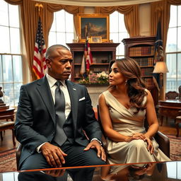 An angry black president, dressed in a sharp, tailored suit with a stern expression, sitting side by side with his wife, a stylish woman in an elegant dress, showcasing their dynamic chemistry