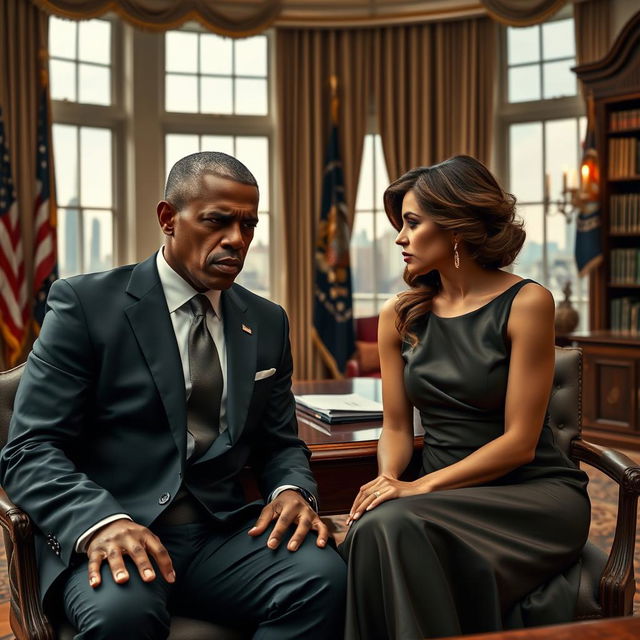 An angry black president, dressed in a sharp, tailored suit with a stern expression, sitting side by side with his wife, a stylish woman in an elegant dress, showcasing their dynamic chemistry