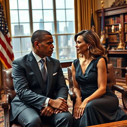An angry black president, dressed in a sharp, tailored suit with a stern expression, sitting side by side with his wife, a stylish woman in an elegant dress, showcasing their dynamic chemistry
