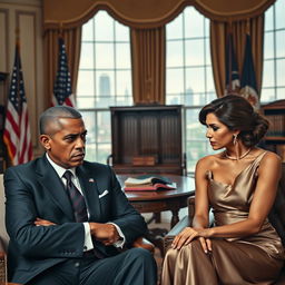An angry black president, dressed in a sharp, tailored suit with a stern expression, sitting side by side with his wife, a stylish woman in an elegant dress, showcasing their dynamic chemistry