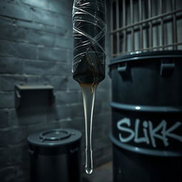A close-up view of a huge black baseball bat wrapped in clear plastic, with thick clear lube pouring over the tip of the bat