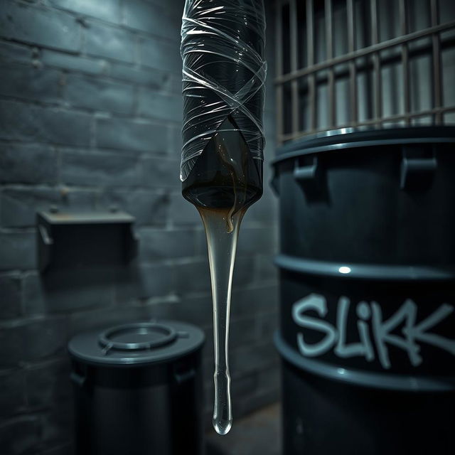 A close-up view of a huge black baseball bat wrapped in clear plastic, with thick clear lube pouring over the tip of the bat