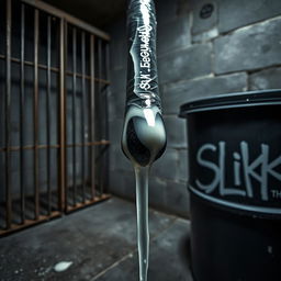 A close-up view of a huge black baseball bat wrapped in clear plastic, with thick clear lube pouring over the tip of the bat