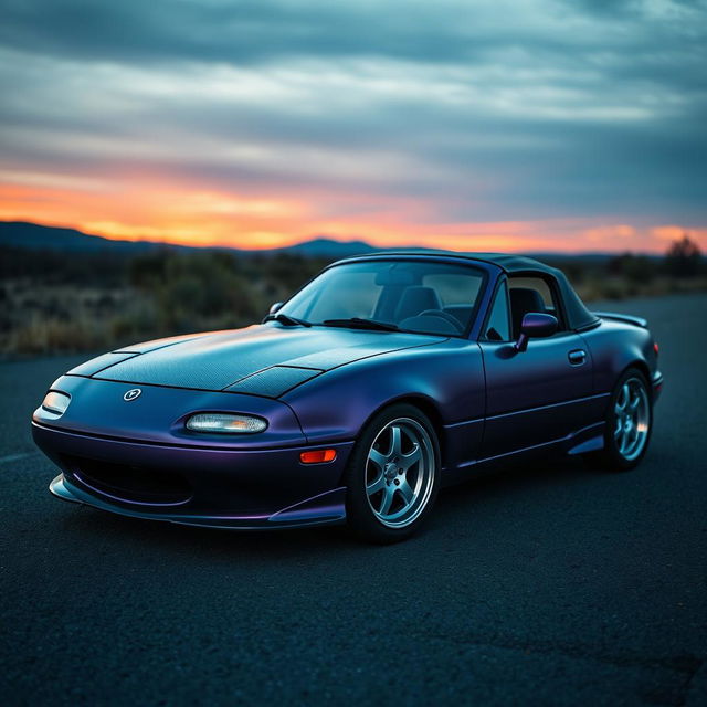 A striking 1990 Miata designed in a matte purple finish with a sleek black carbon fiber hood, showcasing its sporty appeal