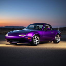 A striking 1990 Miata designed in a matte purple finish with a sleek black carbon fiber hood, showcasing its sporty appeal