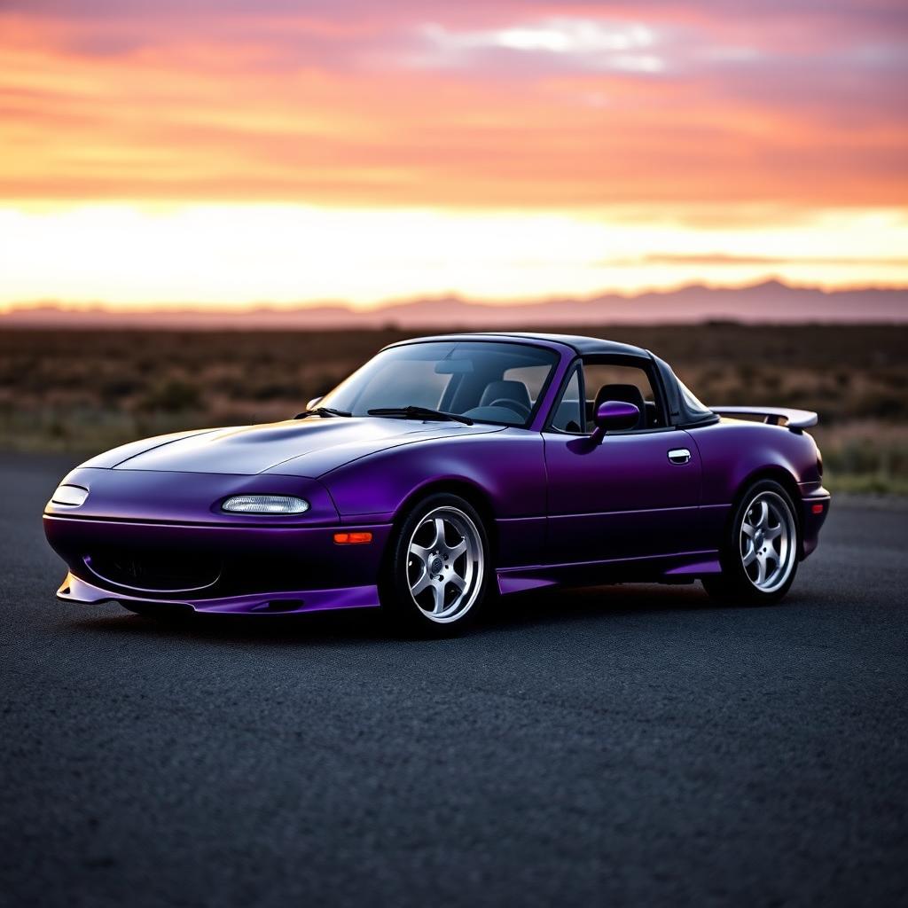 A striking 1990 Miata designed in a matte purple finish with a sleek black carbon fiber hood, showcasing its sporty appeal