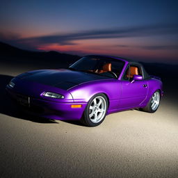 A striking 1990 Miata designed in a matte purple finish with a sleek black carbon fiber hood, showcasing its sporty appeal