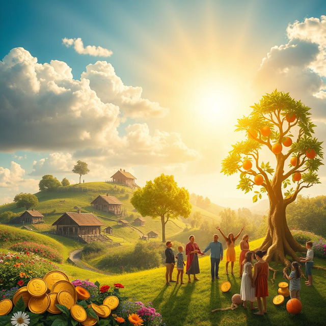 A visually stunning representation of the concept of wealth versus money, featuring a vibrant scene with lush landscapes symbolizing prosperity, such as a flourishing garden full of blooming flowers, diverse communities engaging in barter, and thriving ecosystems