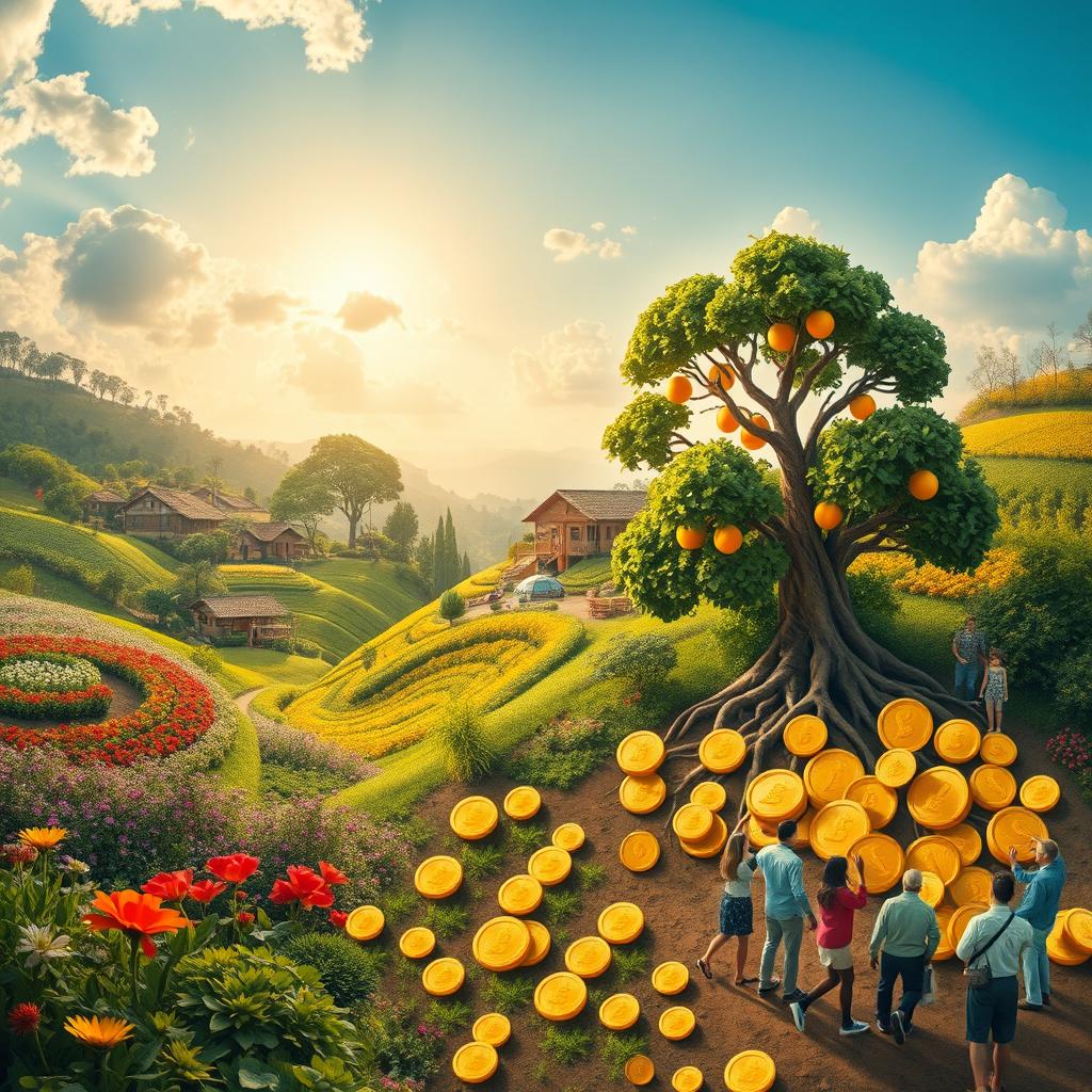 A visually stunning representation of the concept of wealth versus money, featuring a vibrant scene with lush landscapes symbolizing prosperity, such as a flourishing garden full of blooming flowers, diverse communities engaging in barter, and thriving ecosystems