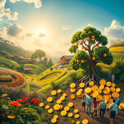 A visually stunning representation of the concept of wealth versus money, featuring a vibrant scene with lush landscapes symbolizing prosperity, such as a flourishing garden full of blooming flowers, diverse communities engaging in barter, and thriving ecosystems