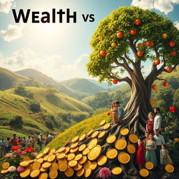 A visually stunning representation of the concept of wealth versus money, featuring a vibrant scene with lush landscapes symbolizing prosperity, such as a flourishing garden full of blooming flowers, diverse communities engaging in barter, and thriving ecosystems
