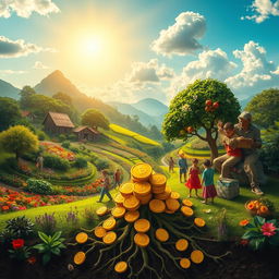 A visually stunning representation of the concept of wealth versus money, featuring a vibrant scene with lush landscapes symbolizing prosperity, such as a flourishing garden full of blooming flowers, diverse communities engaging in barter, and thriving ecosystems