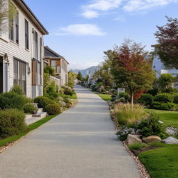 A smoothly paved driveway seamlessly connecting to a charming neighborhood street, lined with well-maintained houses.