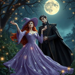 A romantic and enchanting scene featuring a good witch and a vampire king in a moonlit glade