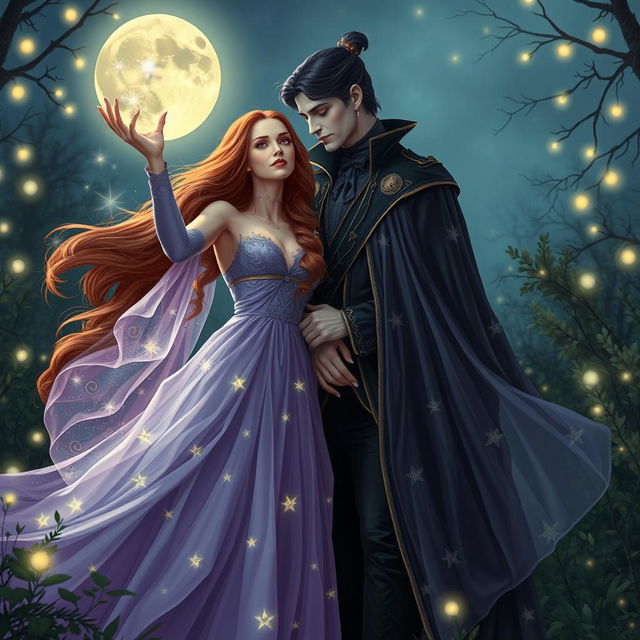 A romantic and enchanting scene featuring a good witch and a vampire king in a moonlit glade