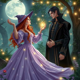 A romantic and enchanting scene featuring a good witch and a vampire king in a moonlit glade