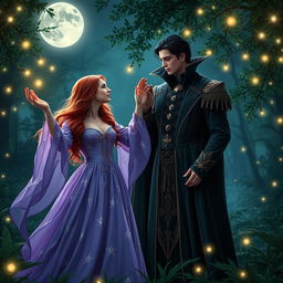 A romantic and enchanting scene featuring a good witch and a vampire king in a moonlit glade