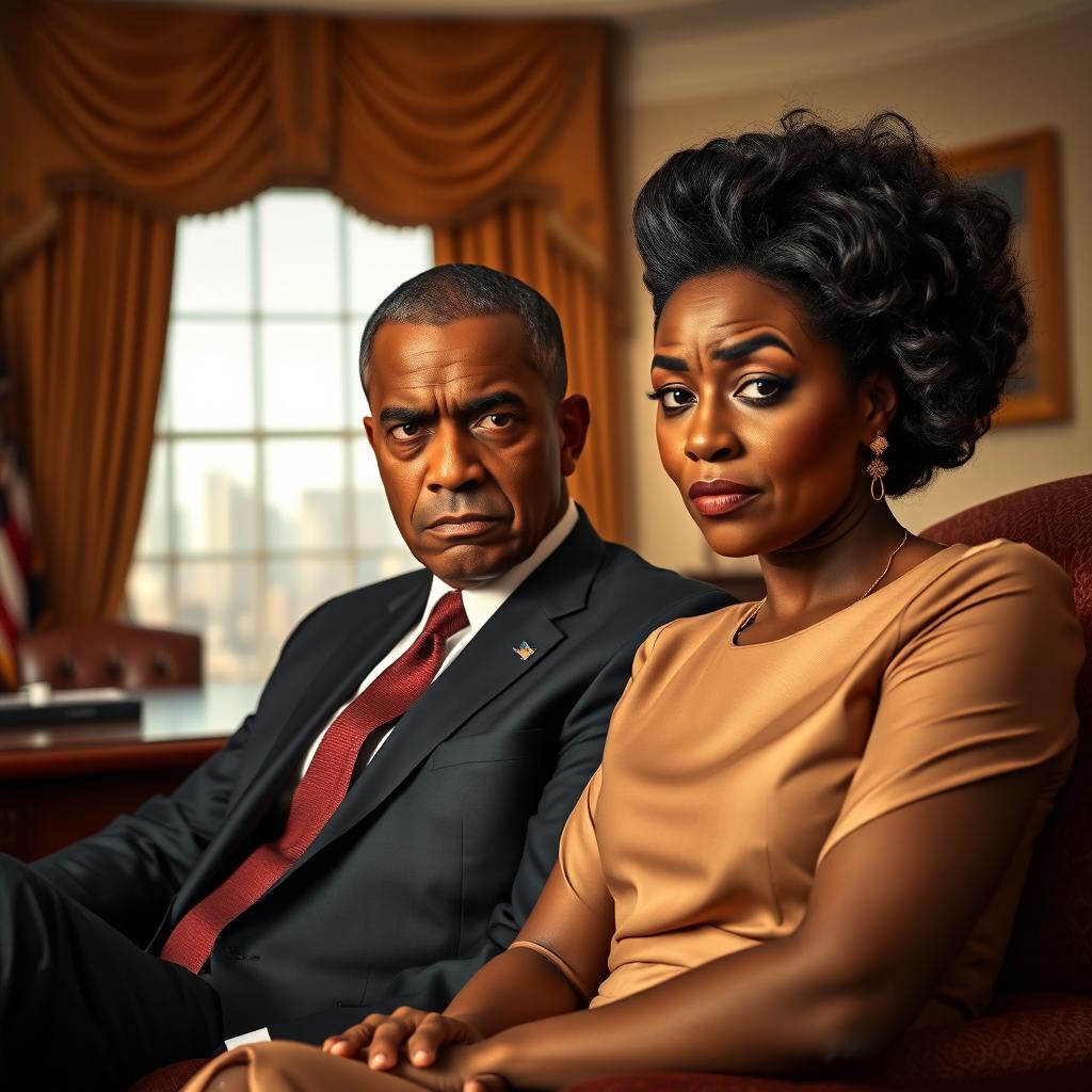 An angry black president and his equally angry black wife sitting side by side, both with expressive facial features that convey strong emotions, embodying the humorous yet serious tone of a dramedy