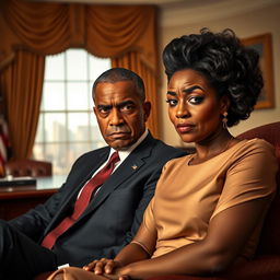 An angry black president and his equally angry black wife sitting side by side, both with expressive facial features that convey strong emotions, embodying the humorous yet serious tone of a dramedy