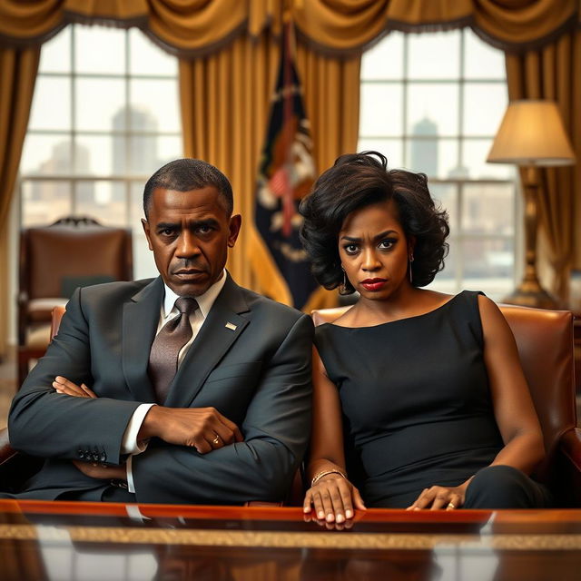 An angry black president and his equally angry black wife sitting side by side, both with expressive facial features that convey strong emotions, embodying the humorous yet serious tone of a dramedy