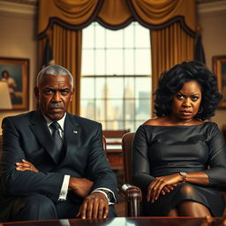 An angry black president and his equally angry black wife sitting side by side, both with expressive facial features that convey strong emotions, embodying the humorous yet serious tone of a dramedy