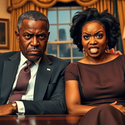 An angry black president and his equally angry black wife sitting side by side, both with expressive facial features that convey strong emotions, embodying the humorous yet serious tone of a dramedy