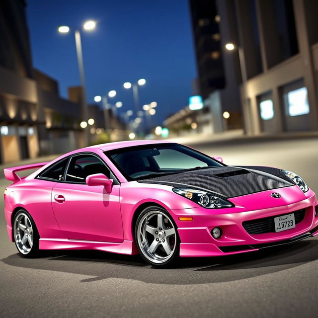 A dynamic 2001 Toyota Celica GTS featuring a striking matte pink body that beautifully contrasts with a sleek black carbon fiber hood