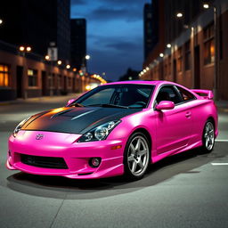 A dynamic 2001 Toyota Celica GTS featuring a striking matte pink body that beautifully contrasts with a sleek black carbon fiber hood