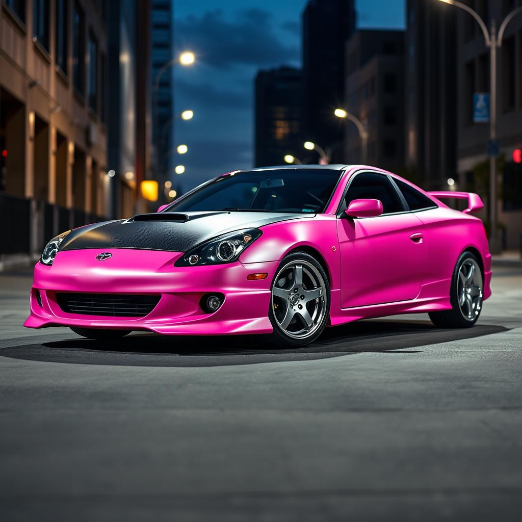 A dynamic 2001 Toyota Celica GTS featuring a striking matte pink body that beautifully contrasts with a sleek black carbon fiber hood