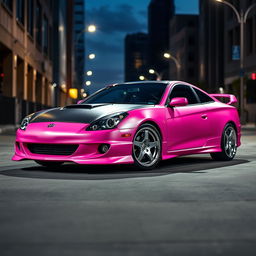 A dynamic 2001 Toyota Celica GTS featuring a striking matte pink body that beautifully contrasts with a sleek black carbon fiber hood