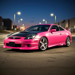 A dynamic 2001 Toyota Celica GTS featuring a striking matte pink body that beautifully contrasts with a sleek black carbon fiber hood