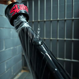 A close-up view of a huge black baseball bat wrapped in clear plastic