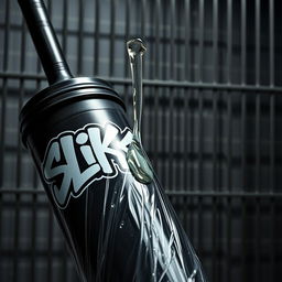 A close-up view of a huge black baseball bat wrapped in clear plastic